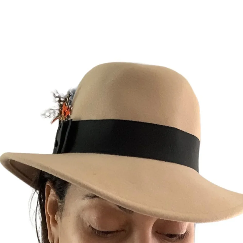 Adolfo Women's Fedora Tan with Feather